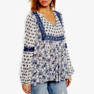 Clover + Scout M BOHO Lagenlook LS Blouse Mixed Floral Ladder Lace Trim 23G